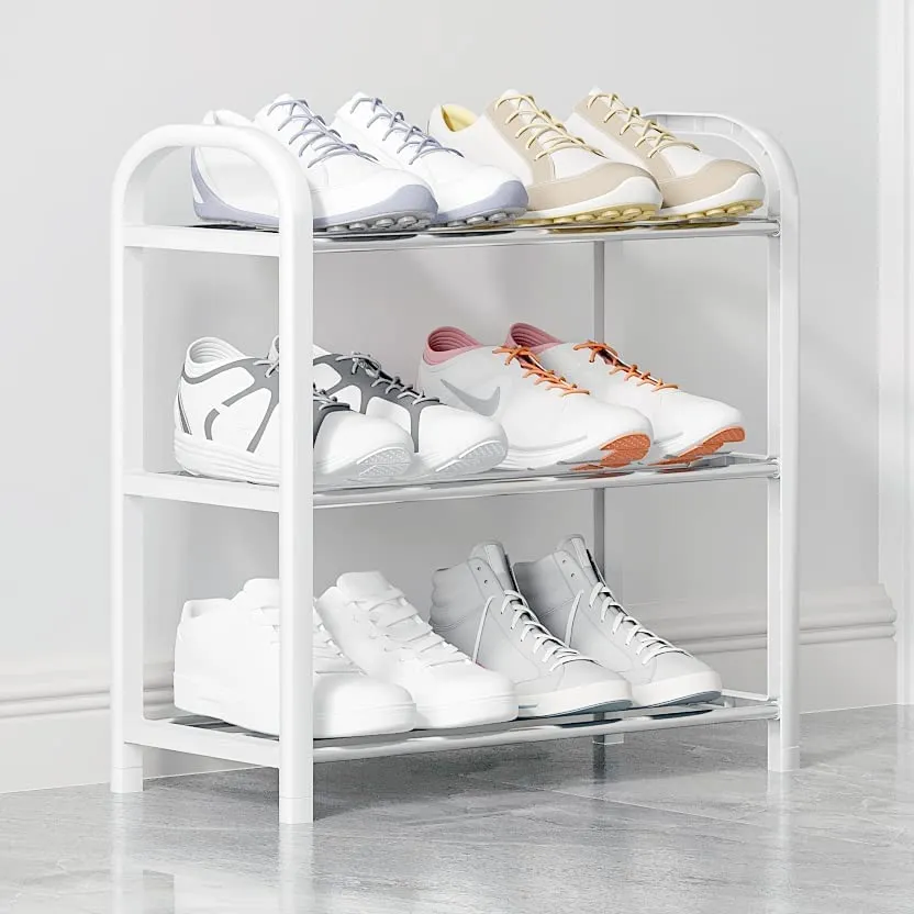 INDIAN DECOR 415607 Small Shoe Rack 3-Tier, Lightweight 5-7 Pairs Shoe Shelf Storage Organizer,Sturdy Metal Standing Narrow Shoe Shelf for Closet Entryway Hallway (White)