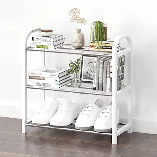 INDIAN DECOR 415607 Small Shoe Rack 3-Tier, Lightweight 5-7 Pairs Shoe Shelf Storage Organizer,Sturdy Metal Standing Narrow Shoe Shelf for Closet Entryway Hallway (White)