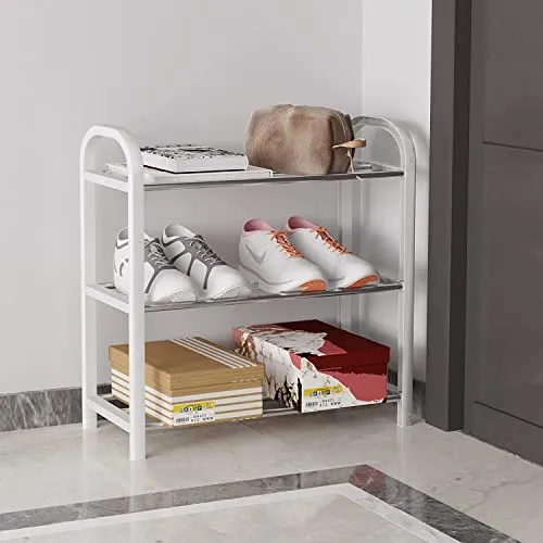 INDIAN DECOR 415607 Small Shoe Rack 3-Tier, Lightweight 5-7 Pairs Shoe Shelf Storage Organizer,Sturdy Metal Standing Narrow Shoe Shelf for Closet Entryway Hallway (White)