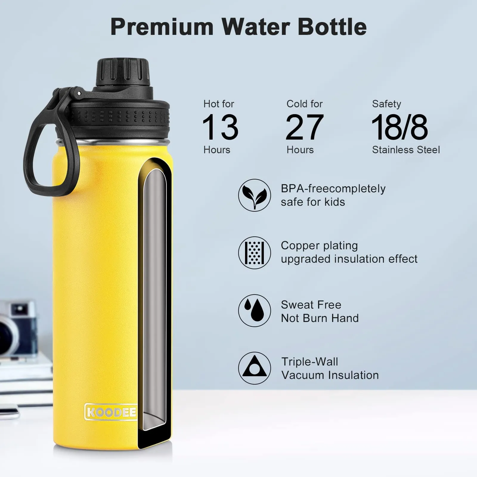 Koodee 22 Oz Insulated Water Bottle Stainless Steel Wide Mouth Spout Lid Yellow