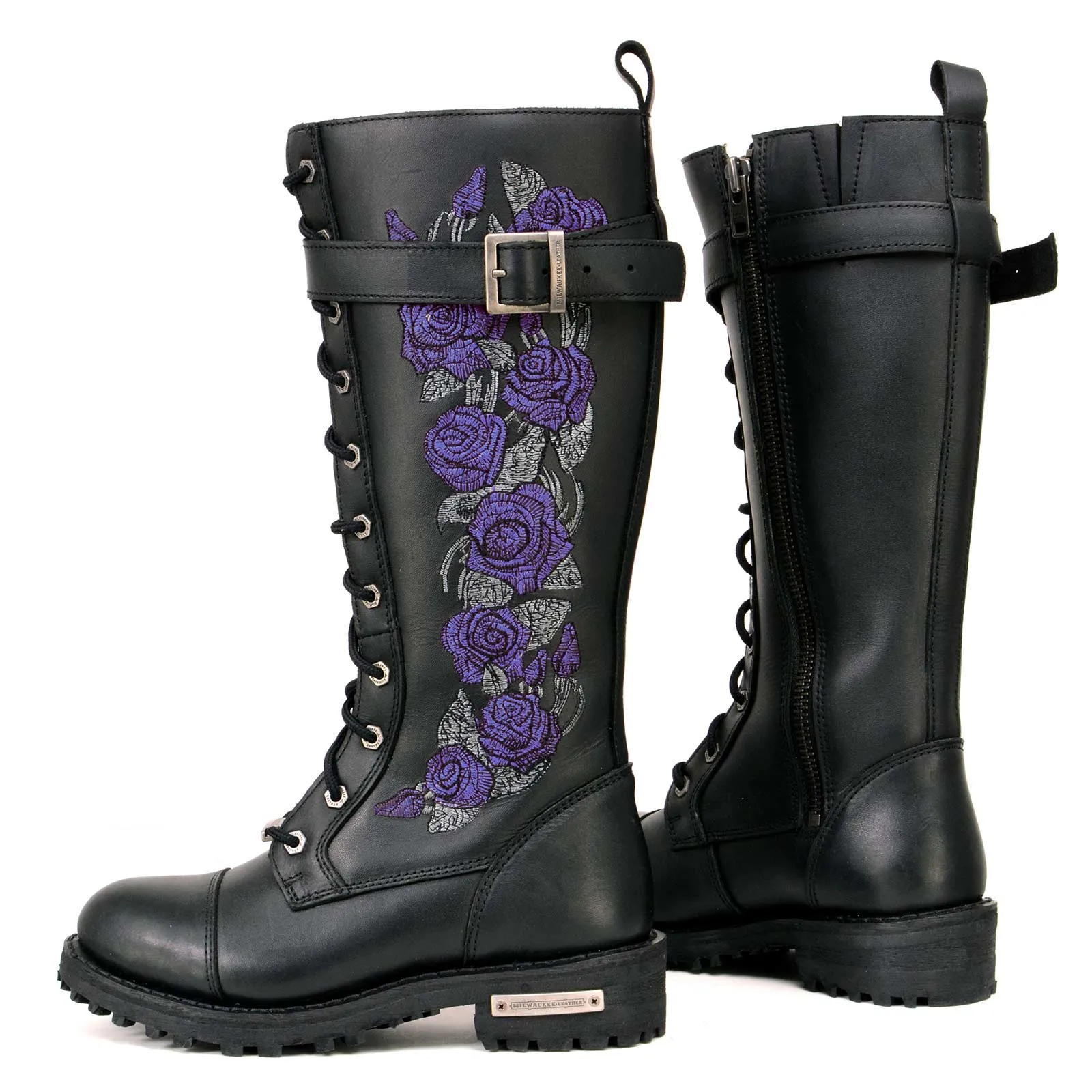 MBL9357 Women's Black 14” Tall Motorcycle Boots Lace-Up High-Rise Purple Embroidered Leather Shoe