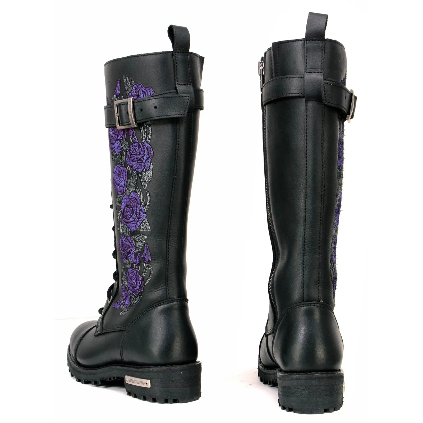 MBL9357 Women's Black 14” Tall Motorcycle Boots Lace-Up High-Rise Purple Embroidered Leather Shoe