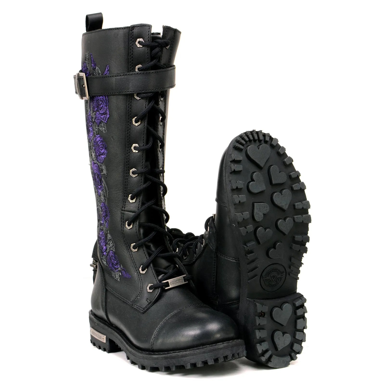 MBL9357 Women's Black 14” Tall Motorcycle Boots Lace-Up High-Rise Purple Embroidered Leather Shoe