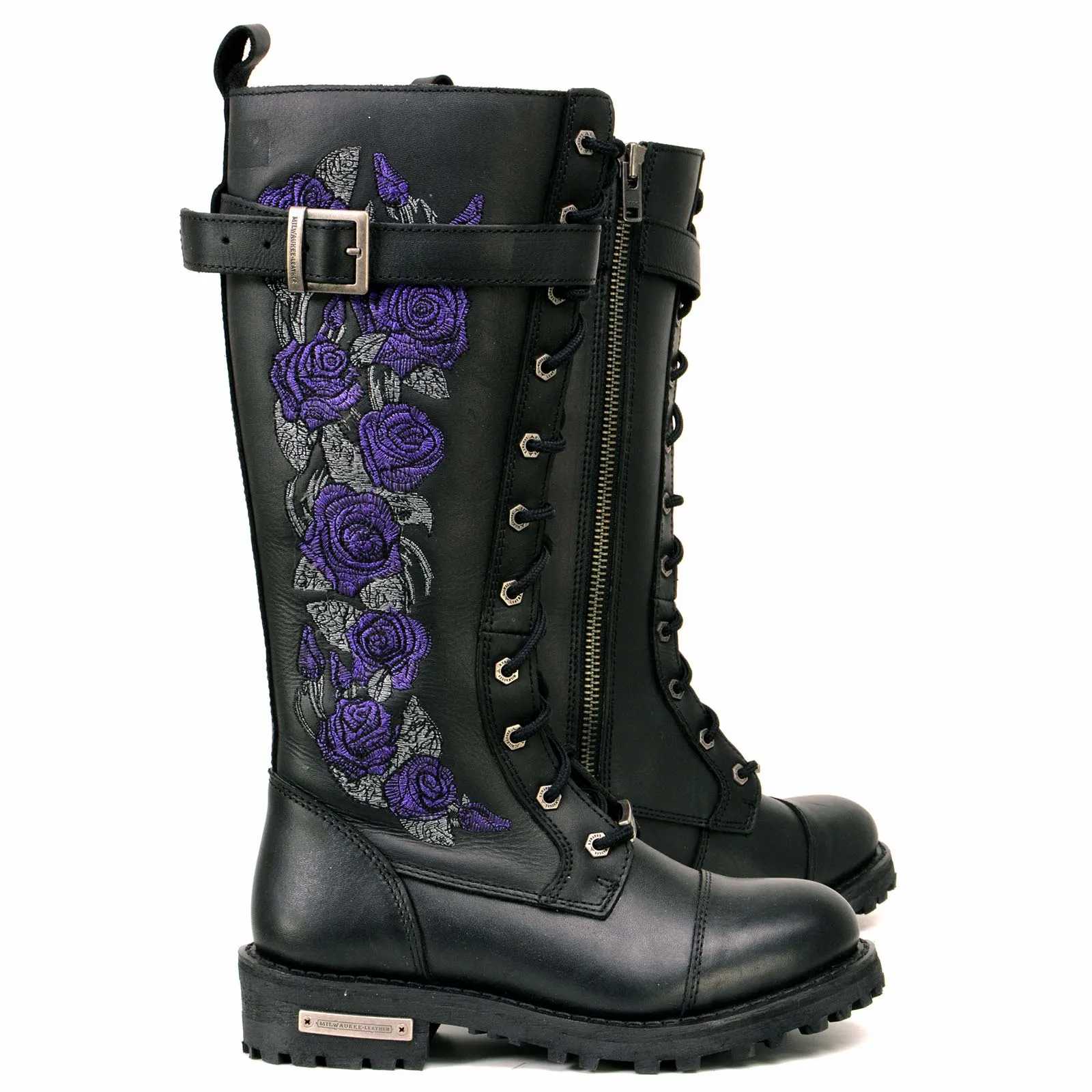 MBL9357 Women's Black 14” Tall Motorcycle Boots Lace-Up High-Rise Purple Embroidered Leather Shoe